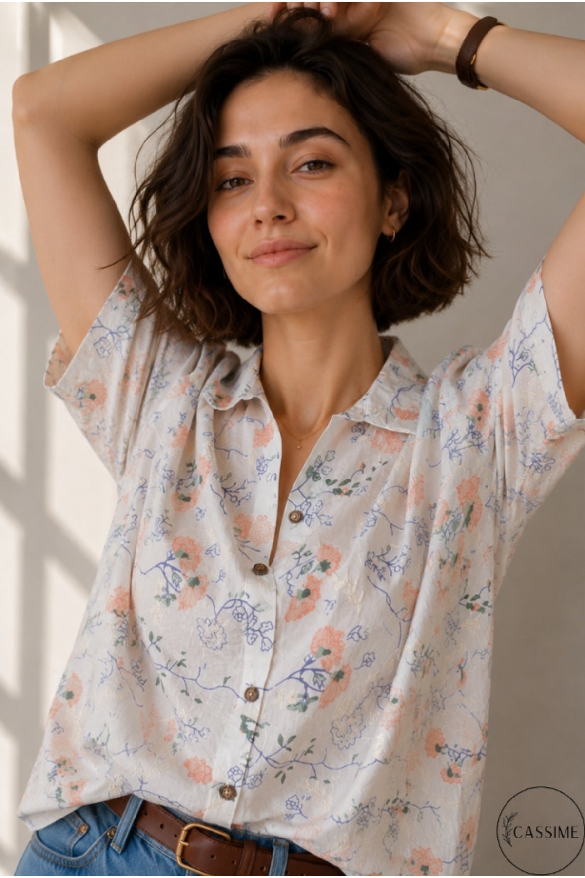 Alice Women's Cotton Floral Short Sleeve Shirt - Peach Floral Embroidery