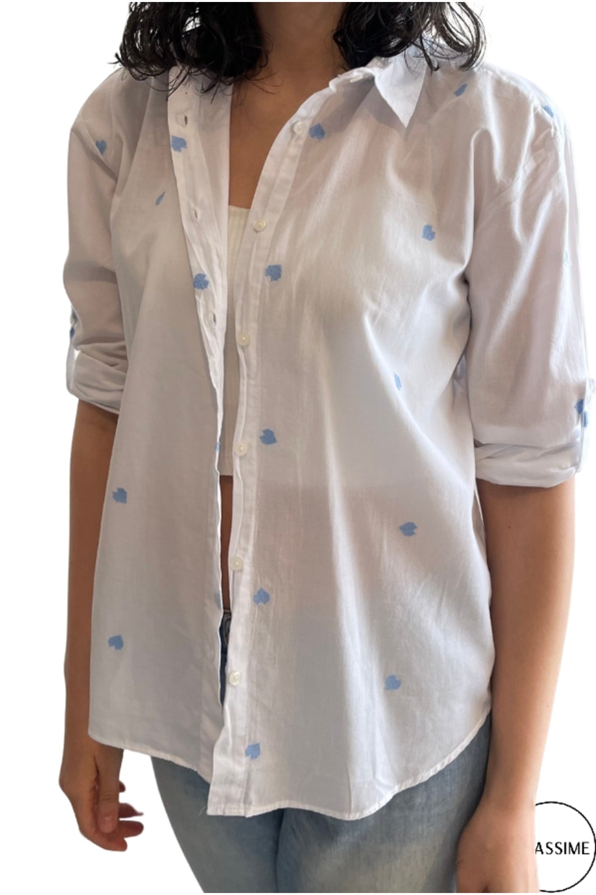 Ella Women's Cotton Embroidered Button-Up Shirt - White with Blue Hearts