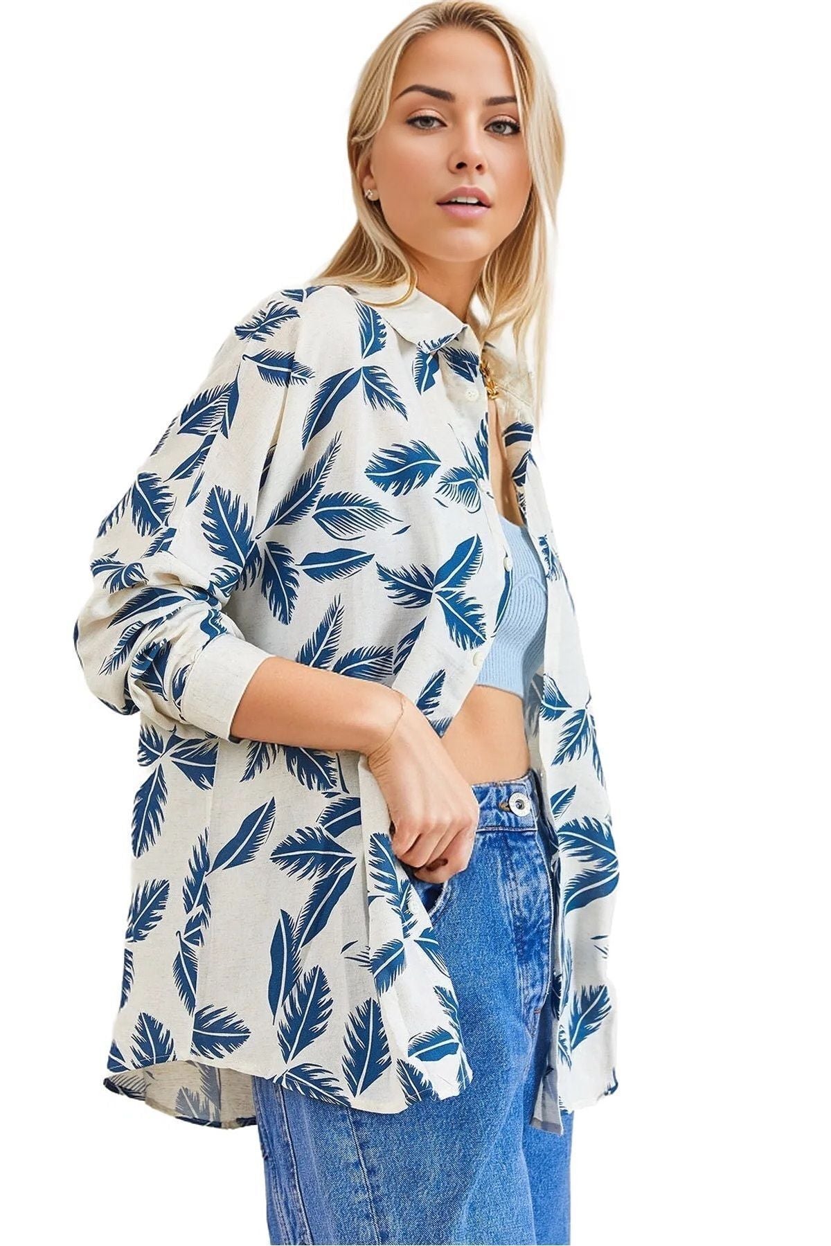 Amelia Women's Viscose Long Sleeve Button-Up Shirt - Blue Leaf Print