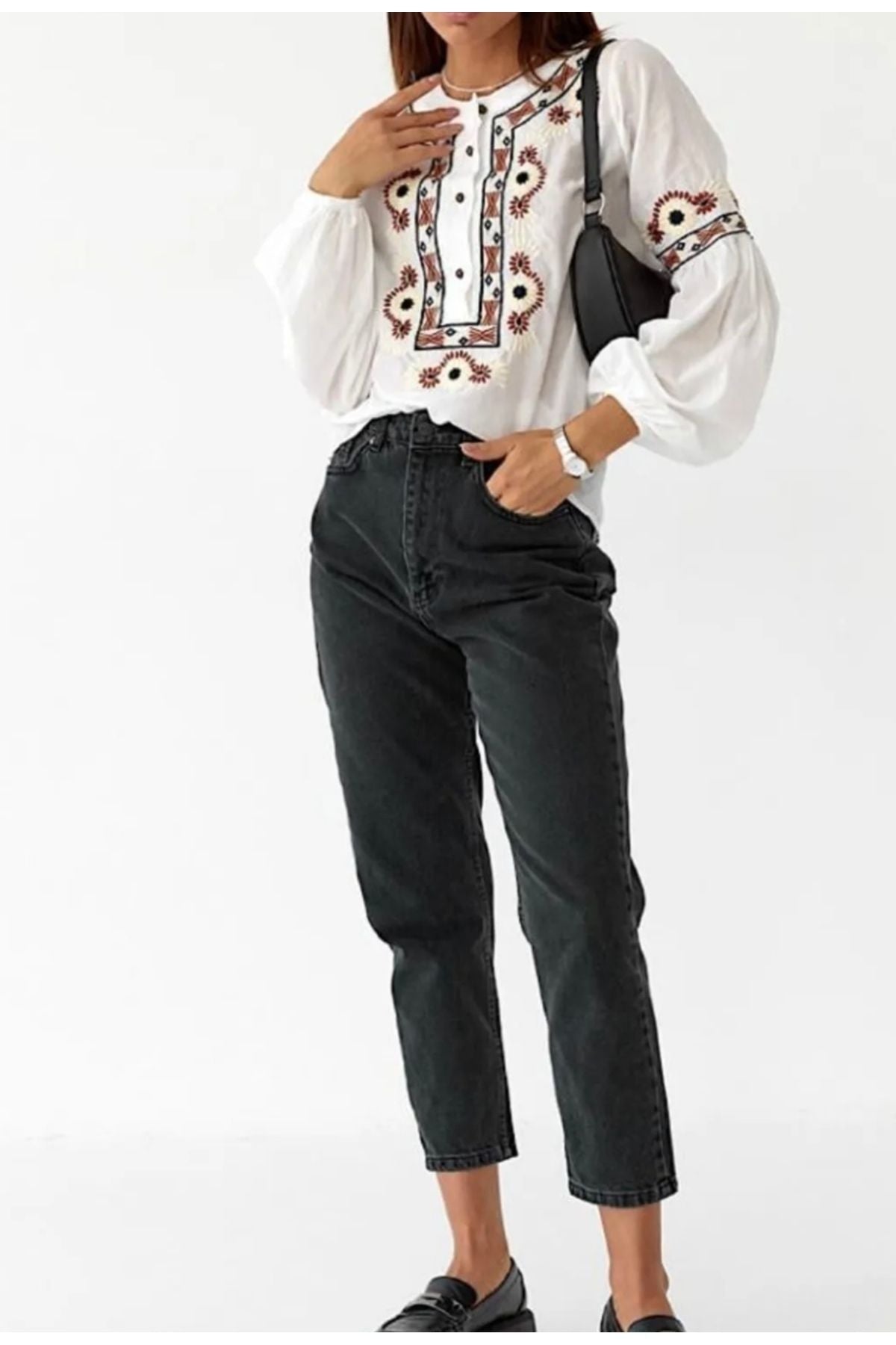 Summer Women's Cotton Boho Embroidered Button-Up Blouse - White