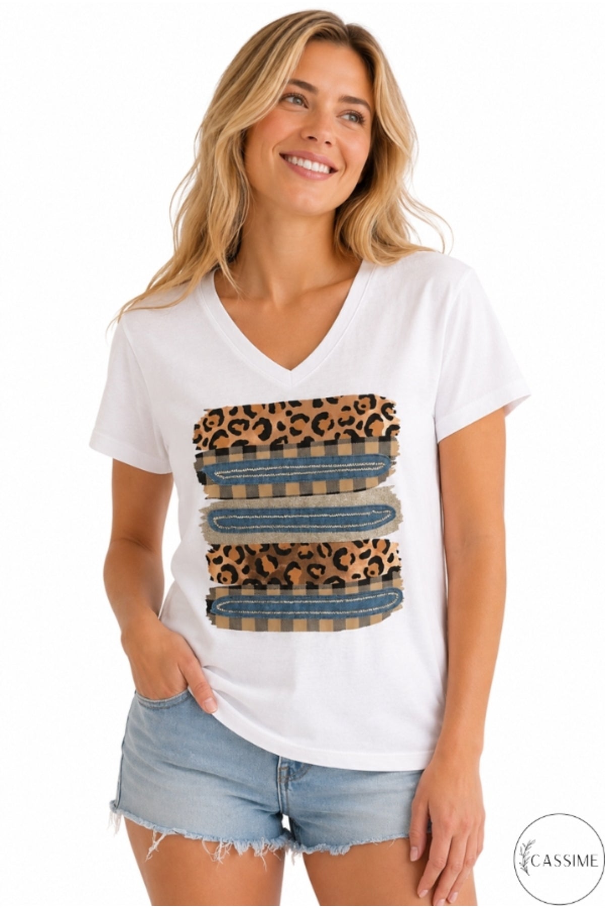 Olivia Women's Cotton Plus Size Embellished V-Neck T-Shirt - White Leopard Print