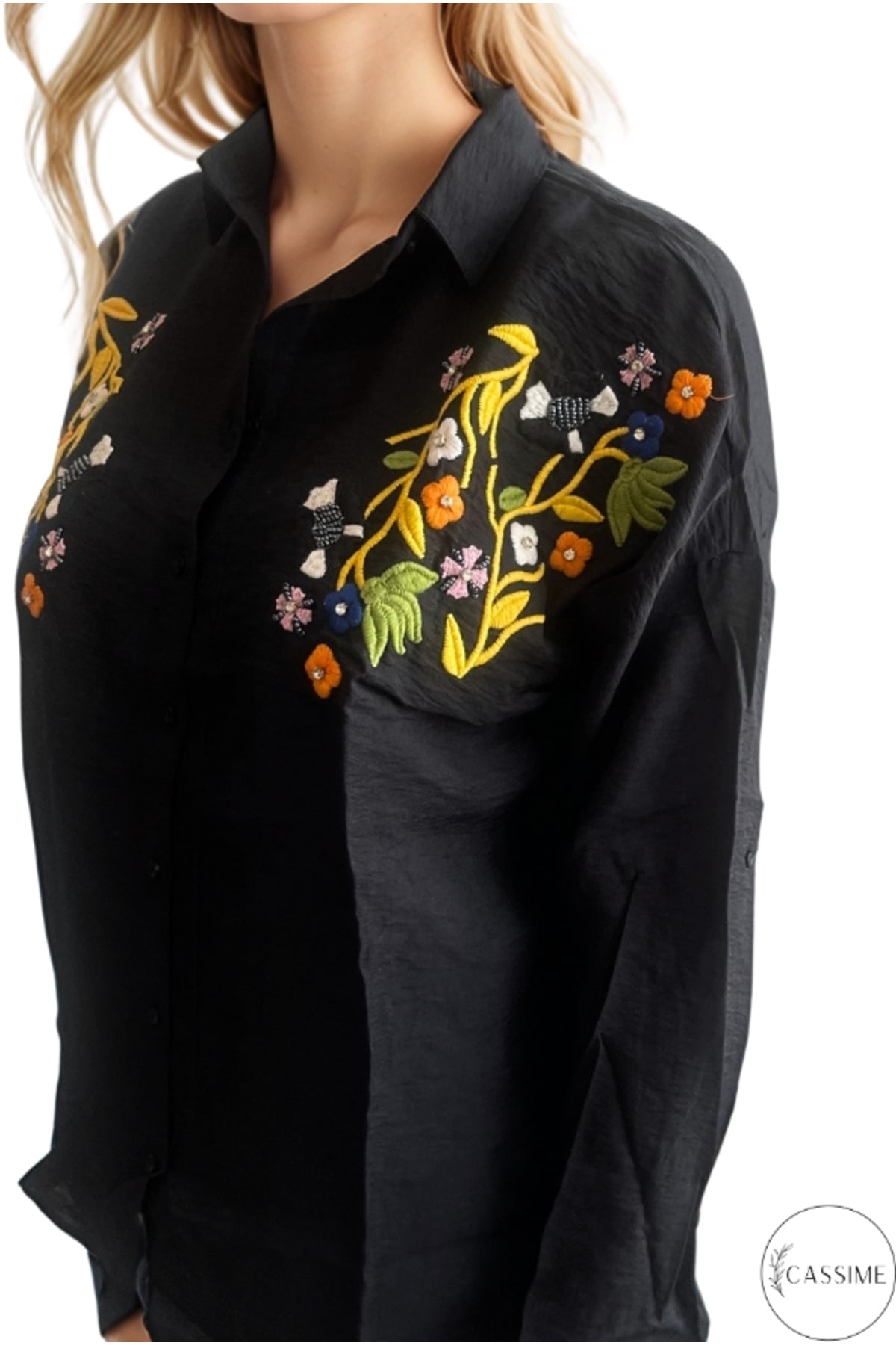 Claire Women's Floral Embellished Button-Up Shirt - Black Floral Embroidery