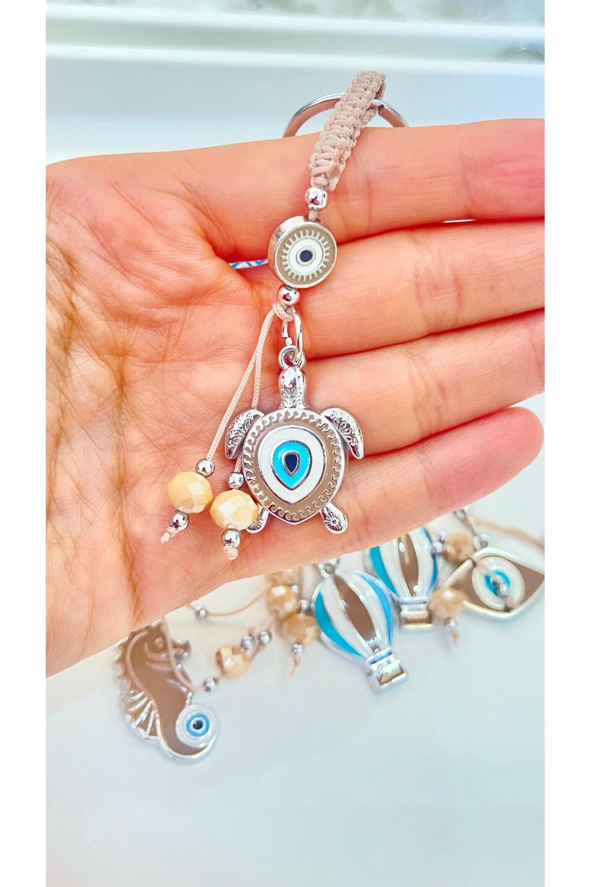 Abigail Silver-Plated Evil Eye Keychain - Beige Turtle