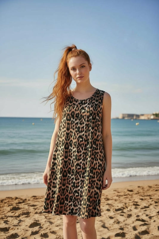 Bonnie Women's Viscose Leopard Print Sleeveless A-Line Dress - Leopard Brown