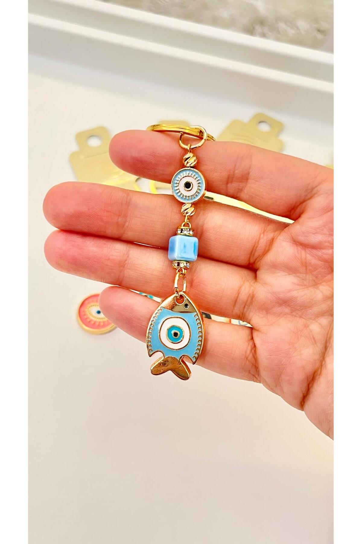 Hannah Gold-Plated Bodrum Bead Keychain - Blue Fish