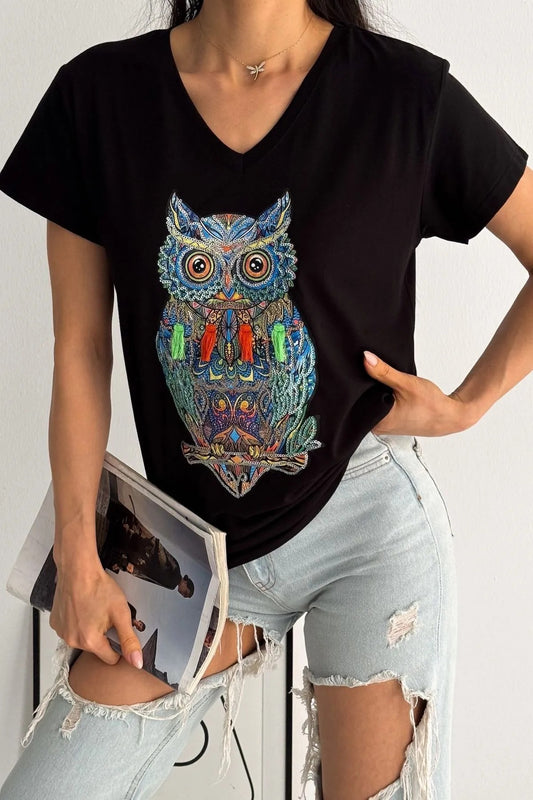Tilda Leopar Desenli Payetli Tişört - Beyaz 