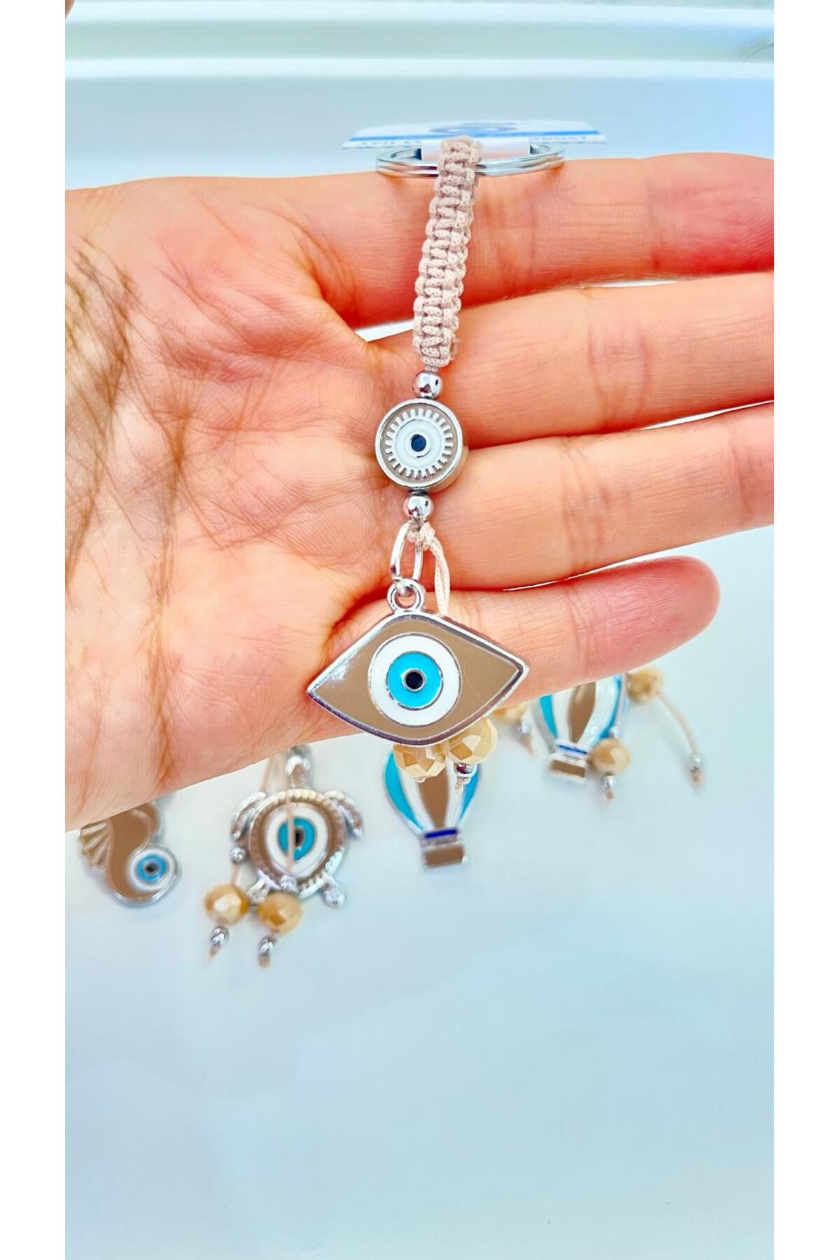 Abigail Silver-Plated Evil Eye Keychain - Beige Oval Evil Eye Pattern