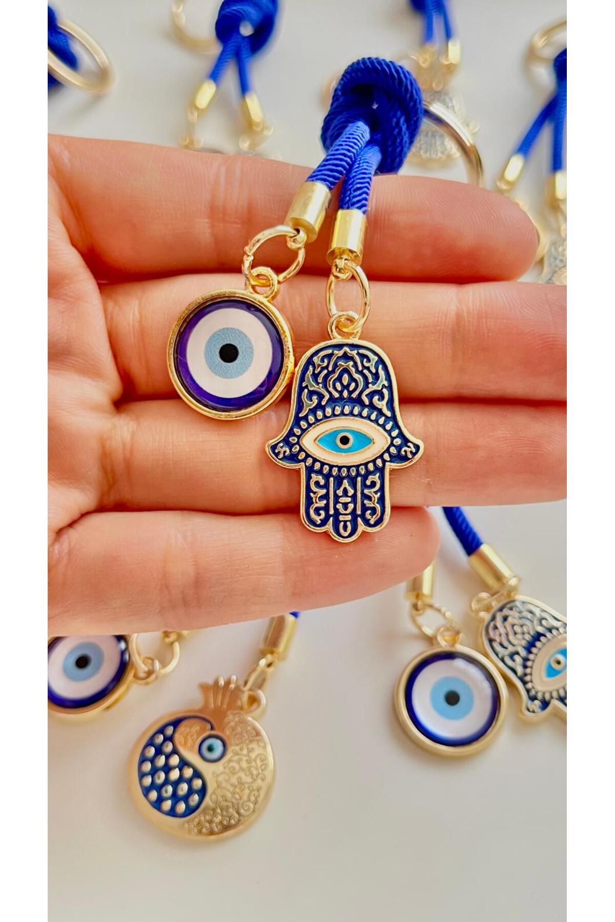Rose Evil Eye Cord Keychain - Navy and Gold Hamsa Design