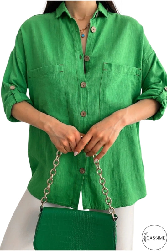 Jasmine Women's Cotton-Linen Blend Oversized Longline Button-Up Shirt - Green