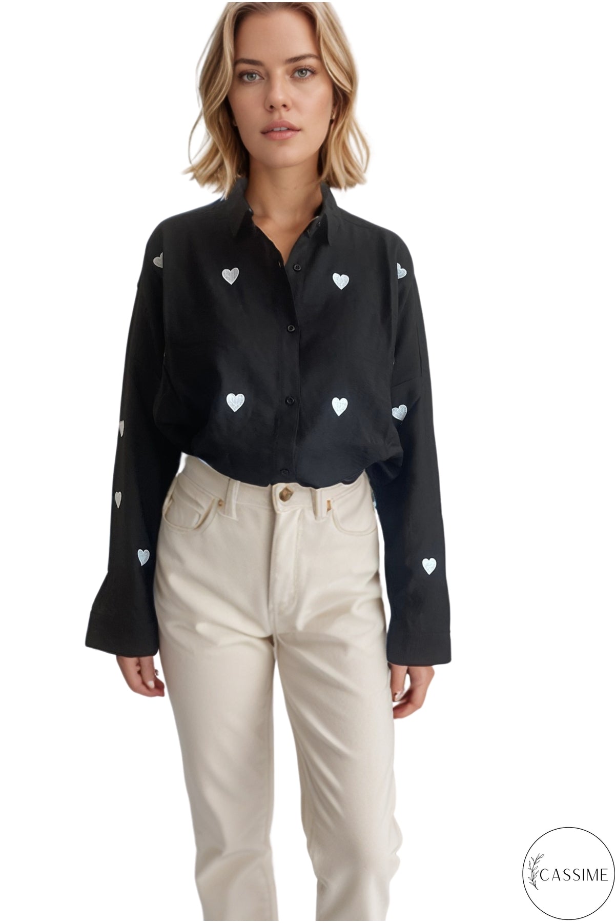 Delilah Women's Cotton Oversized Embellished Long Sleeve Shirt - Black with Heart Embroidery