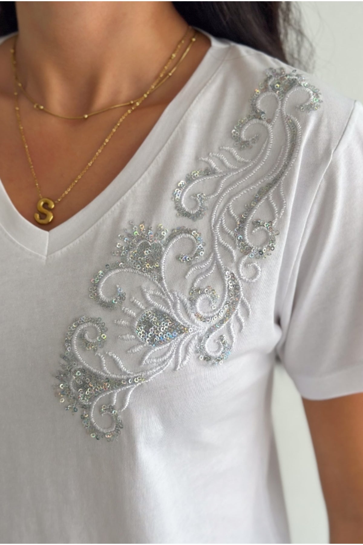 Emma Women's Cotton Embellished T-Shirt - White with Floral Shoulder Detail