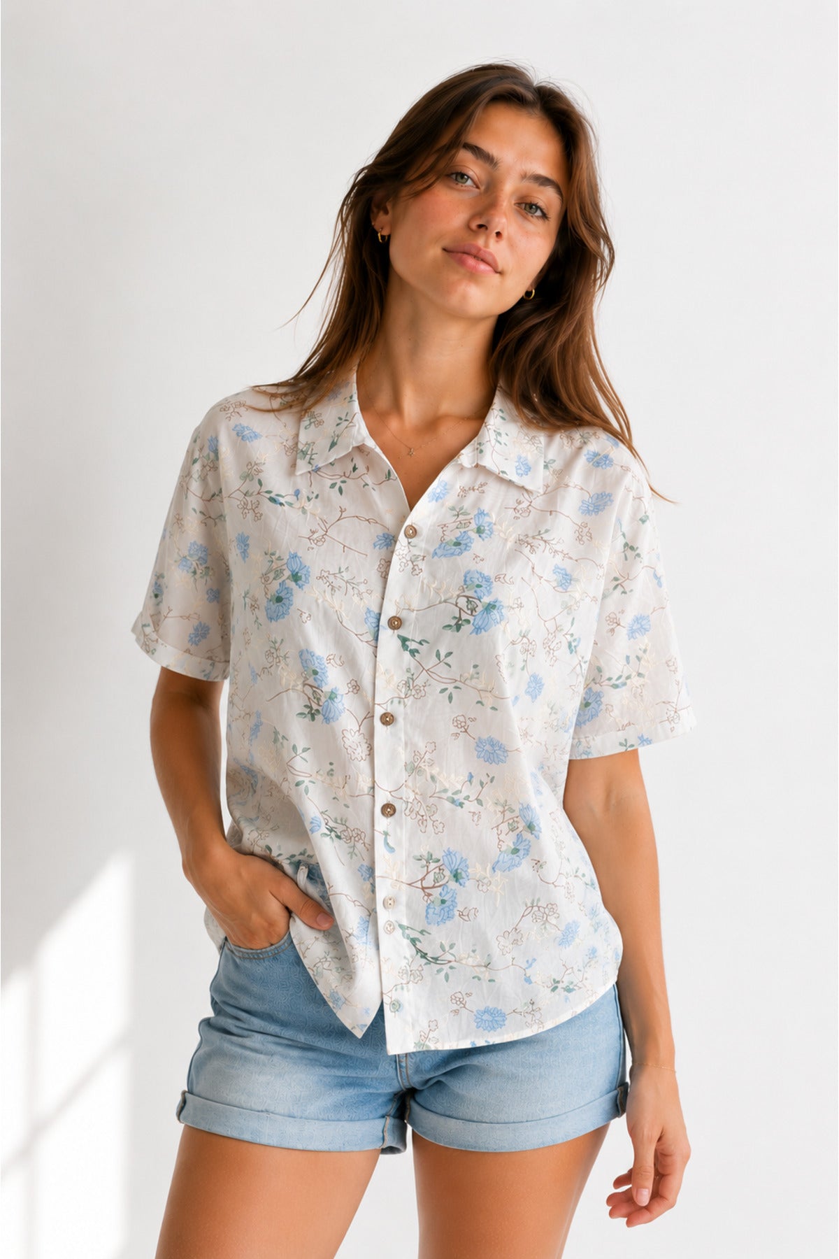Women's Blue Lotus Floral Embroidered Cotton Short Sleeve Shirt - product photo 3