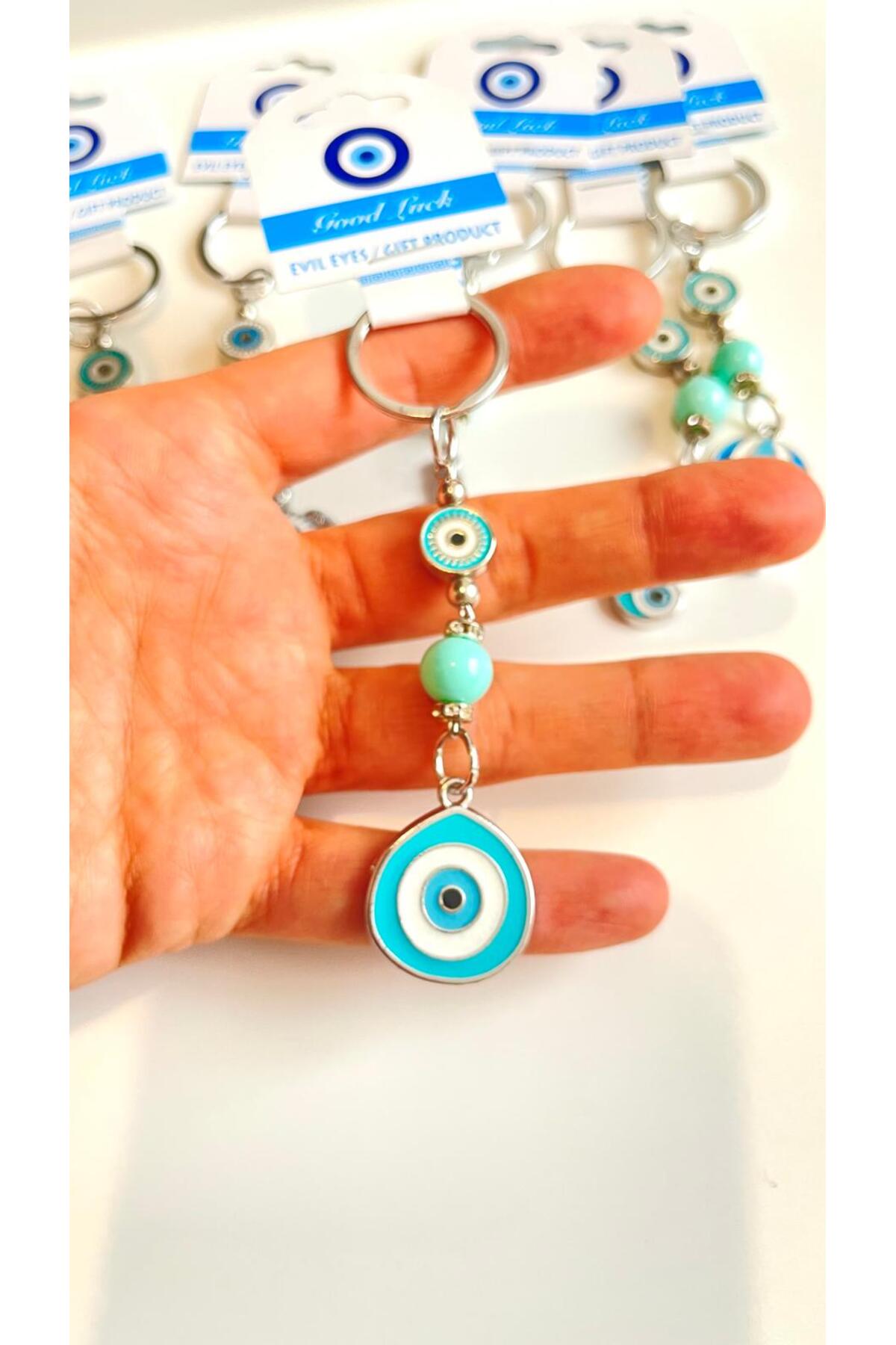 Abigail Silver-Plated Evil Eye Keychain - Turquoise Metal Teardrop Evil Eye