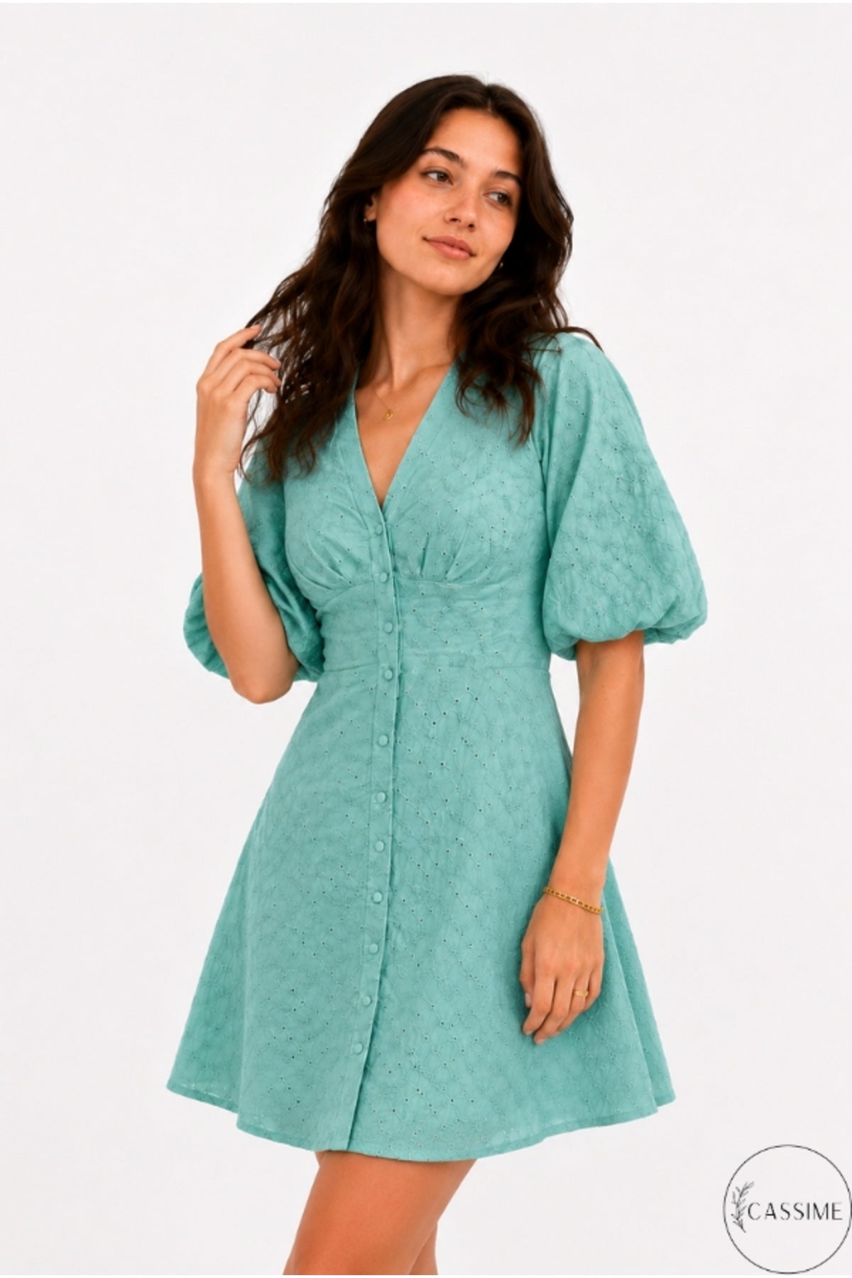Clara Women's Cotton Blend Broderie Anglaise V-Neck Mini Dress - Almond Green