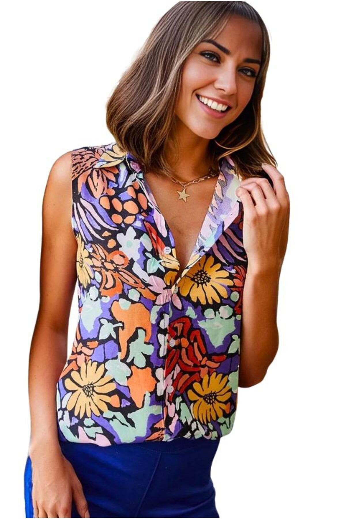 Daisy Women's Sleeveless Button-Up Shirt - Purple Floral