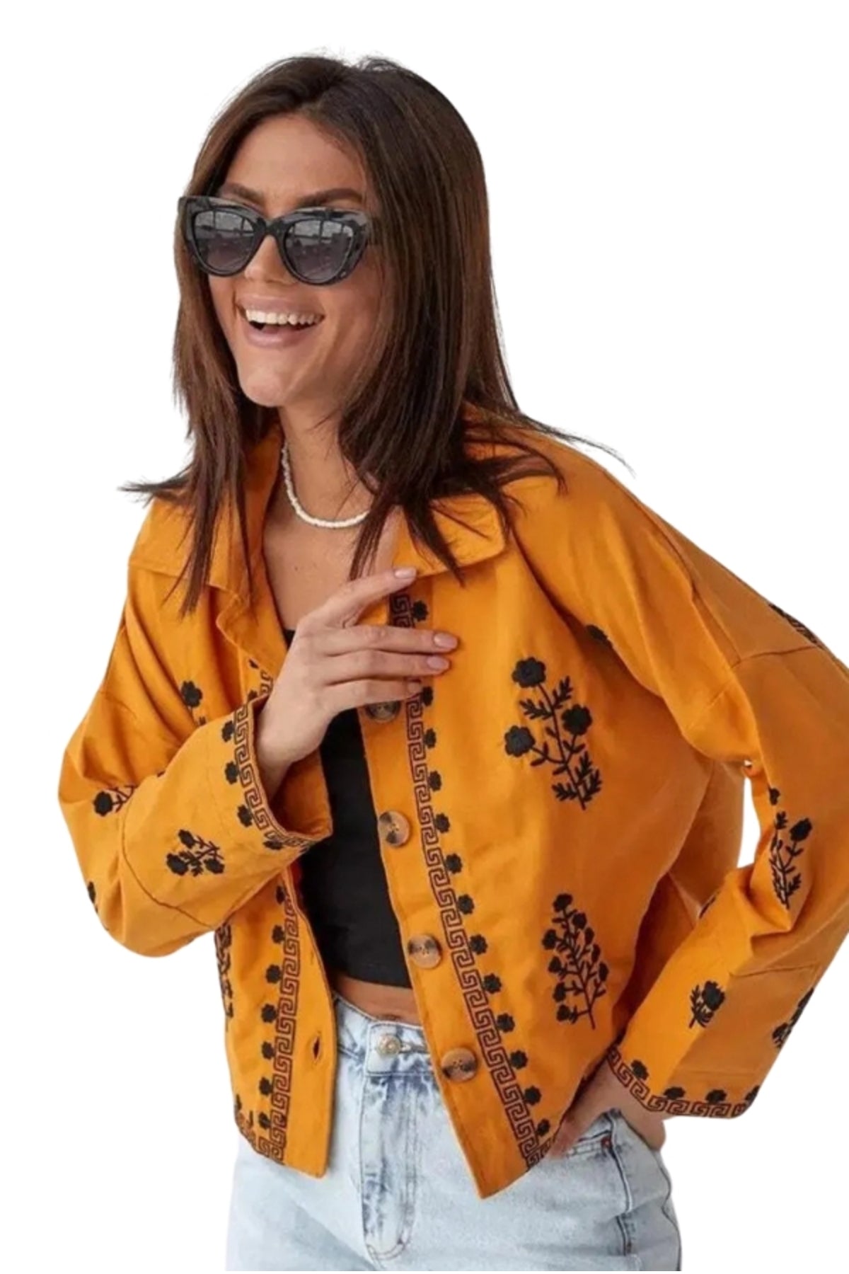 Louise Women's Embroidered Button-Up Jacket - Orange