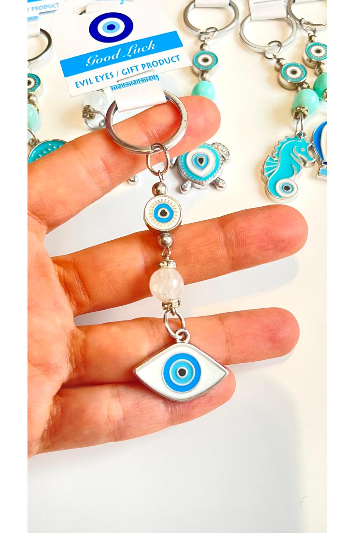 Abigail Silver-Plated Evil Eye Keychain - White Oval Evil Eye Metal