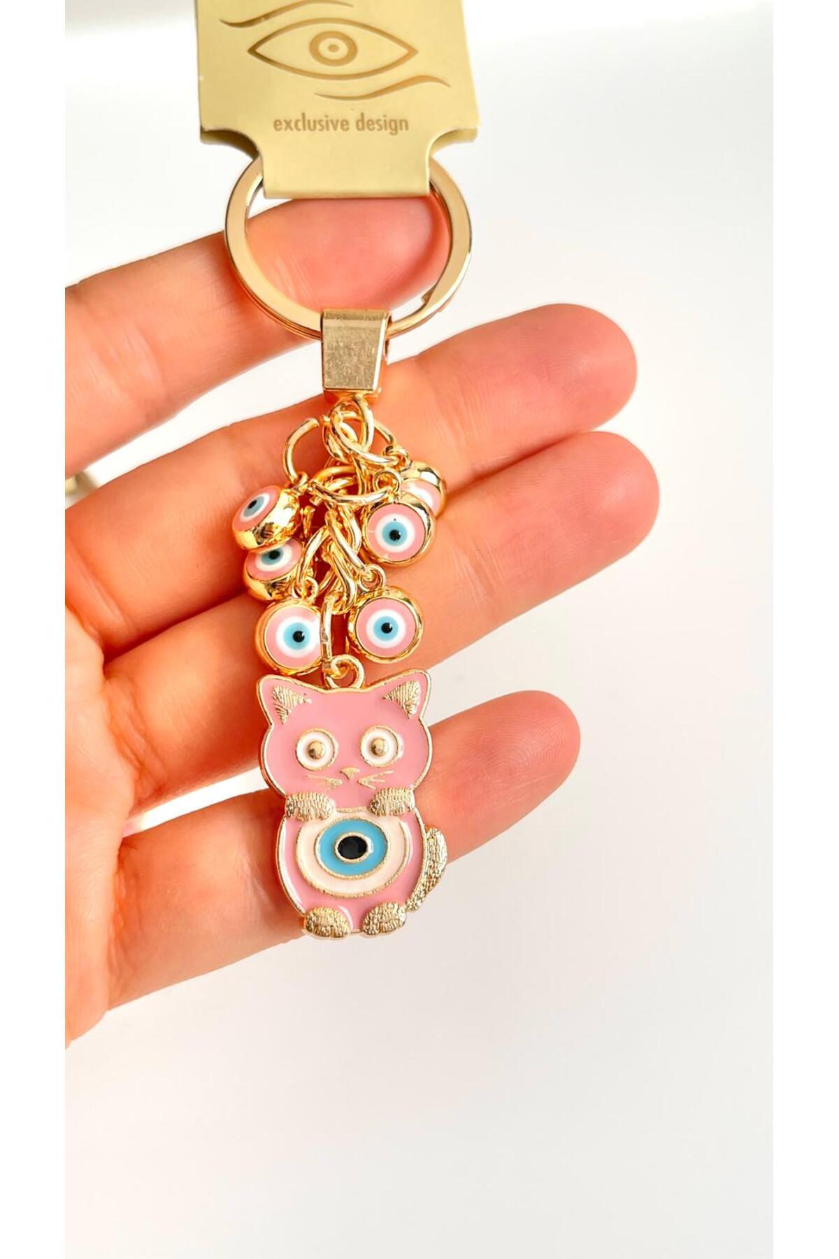 Madeleine Dangling Evil Eye Keychain - Pink Cat Evil Eye