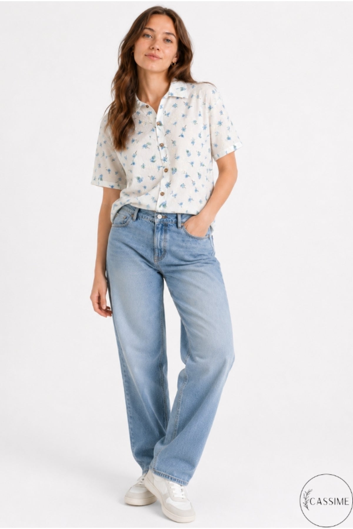 Women's blue mini floral cotton shirt - view 6