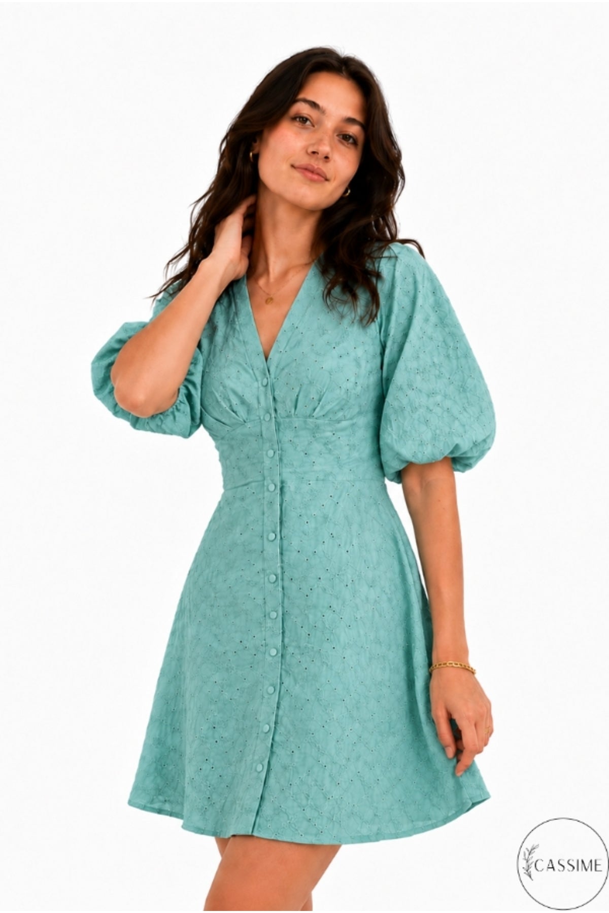 Clara Women's Cotton Blend Broderie Anglaise V-Neck Mini Dress - Almond Green