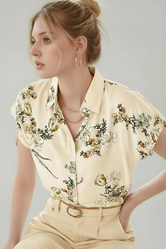 Chloe Women's Floral Short Sleeve Batwing Shirt - Beige Floral