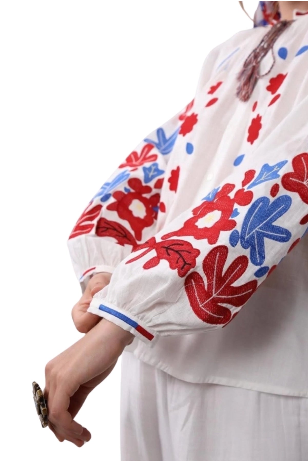 Sadie Women's Cotton Floral Embroidered Tie Blouse - Red and Blue Floral