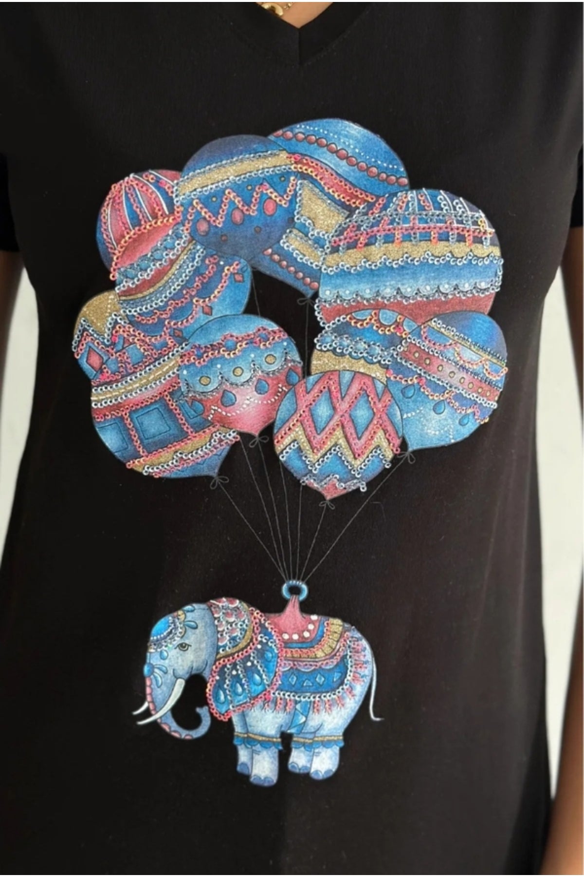 Olivia Women's Cotton Plus Size Embellished V-Neck T-Shirt - Black with Balloon Elephant Sequins