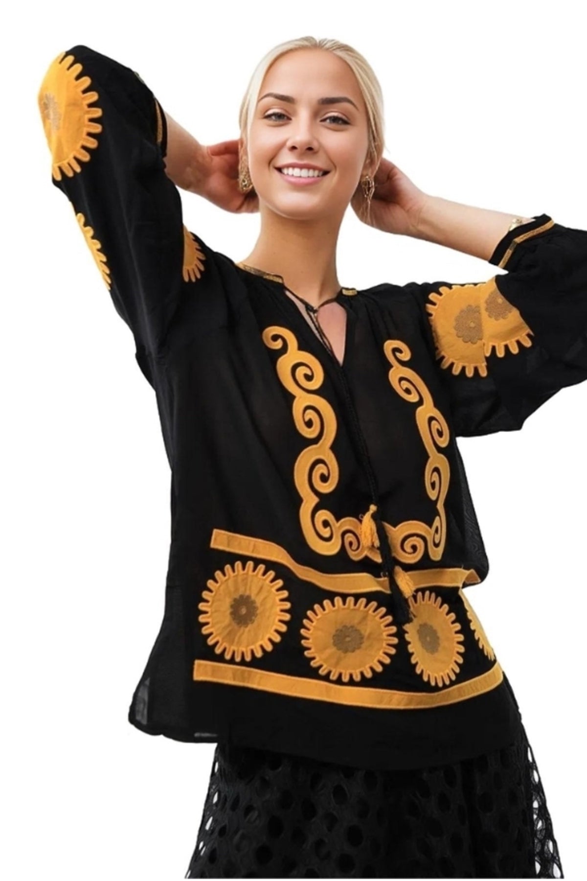 Ainsley Women's Cotton Vintage Inspired Floral Embroidered Blouse - Black