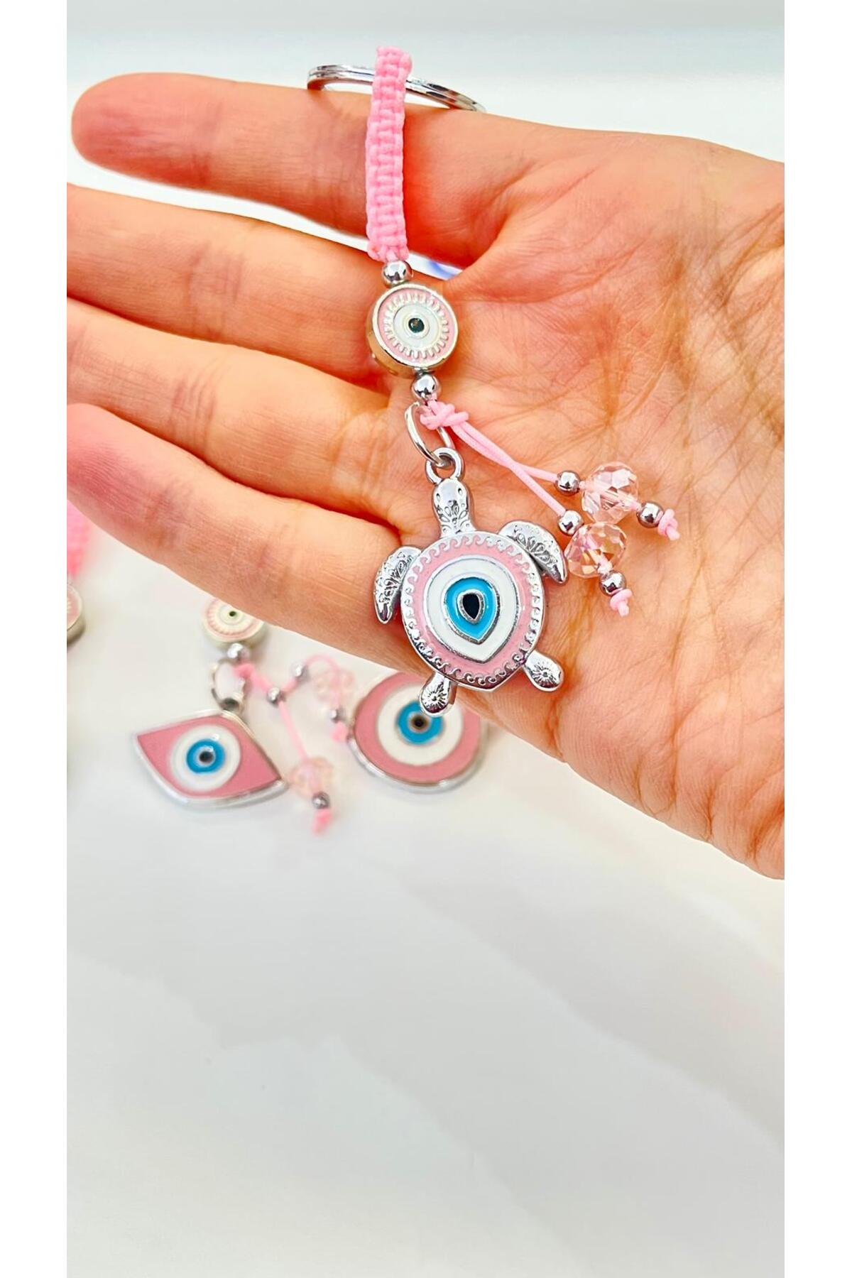 Abigail Silver-Plated Evil Eye Keychain - Pink Turtle Design
