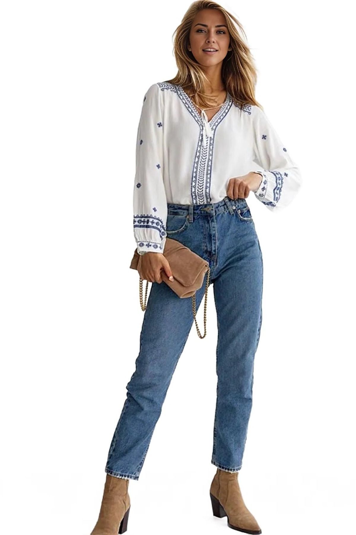 Dorothy Women's V-Neck Tie-Front Embroidered Blouse - White