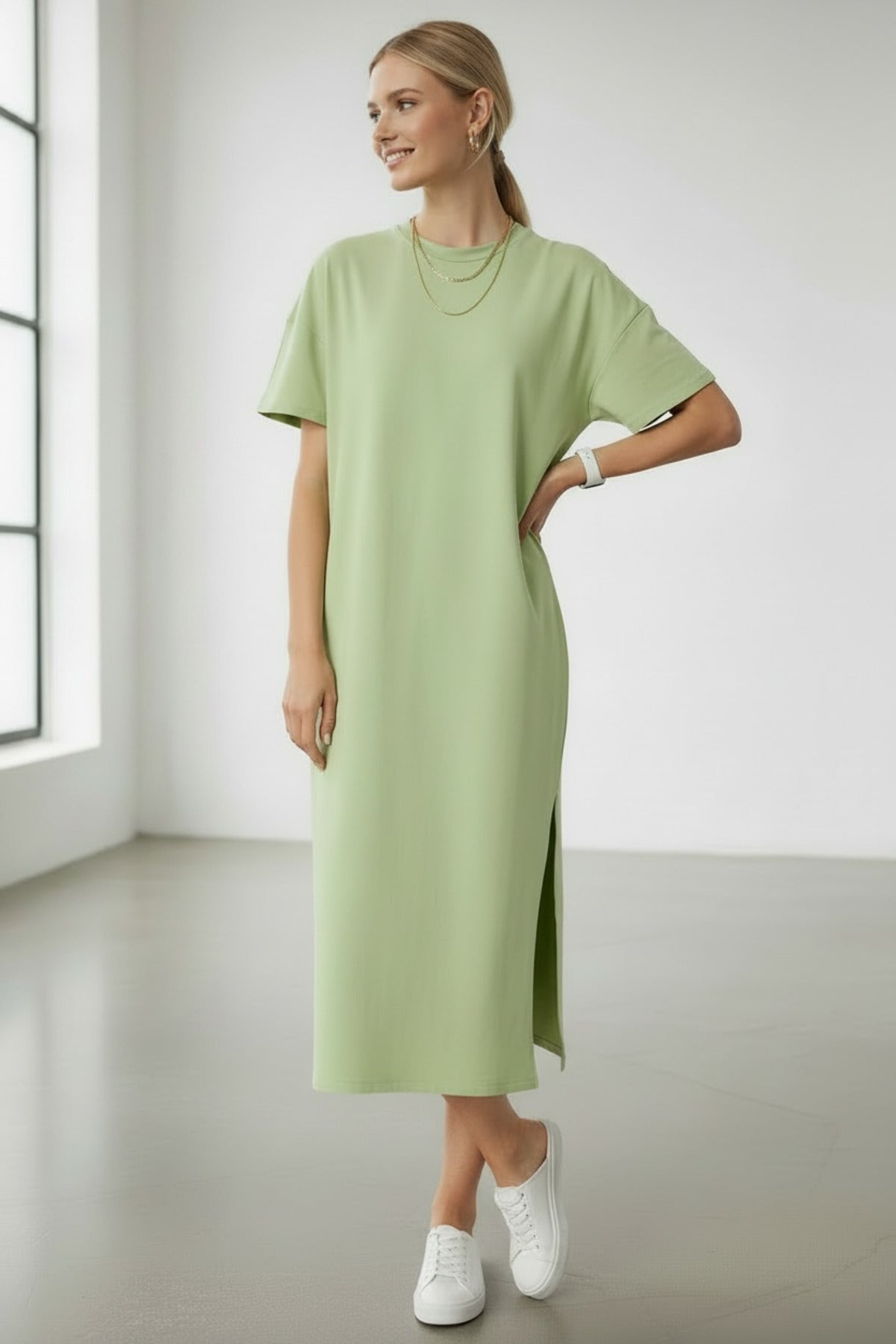 Lucille Women's Half Sleeve Knit Maxi Dress with Slit - Pistachio Almond Green