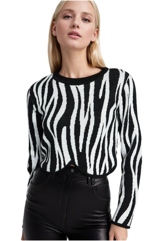 Adeline Women's Zebra Print Crew Neck Sweater - Black