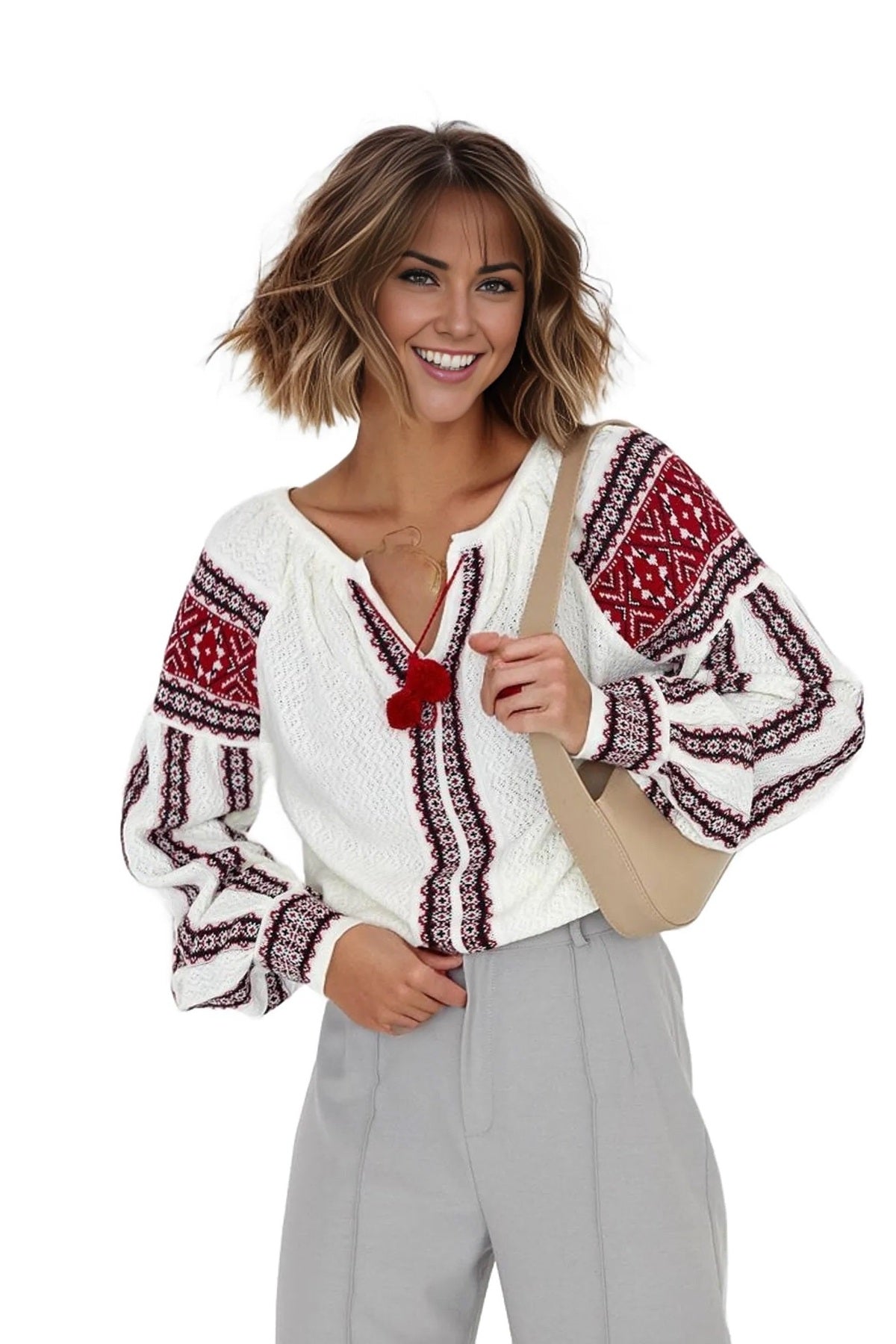 Phoebe Women's V-Neck Tassel Knit Blouse - White