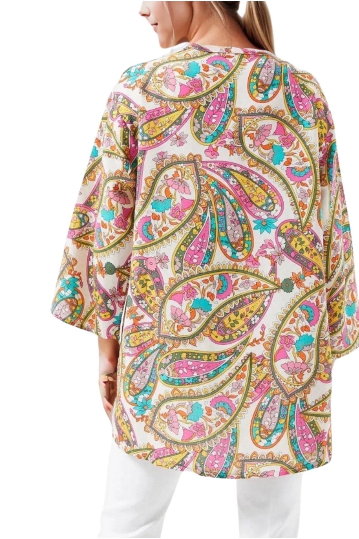 Catherine Women's Linen-Viscose Blend Relaxed Fit Kimono - Multicolor Boho Print