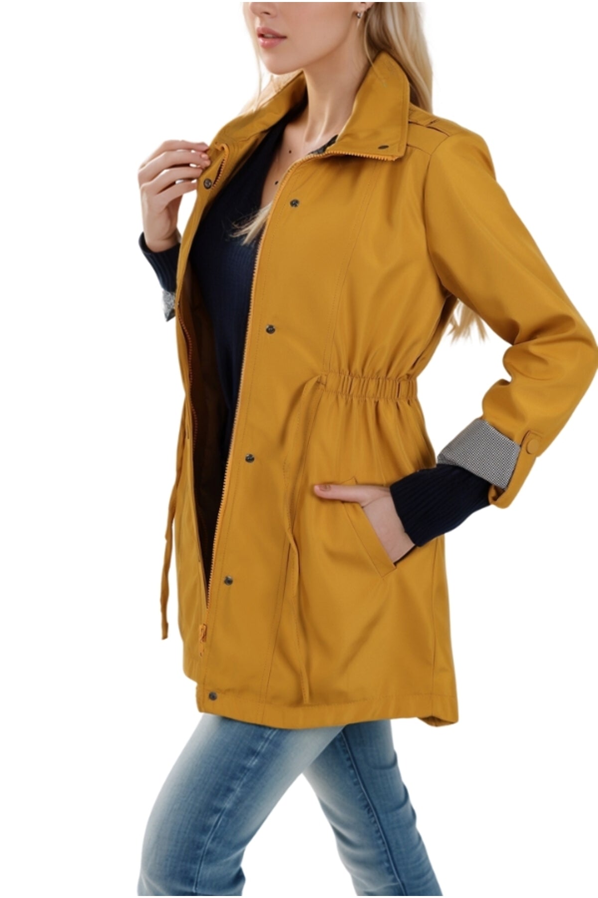 Serena Women's Drawstring Waist Trench Coat - Mustard