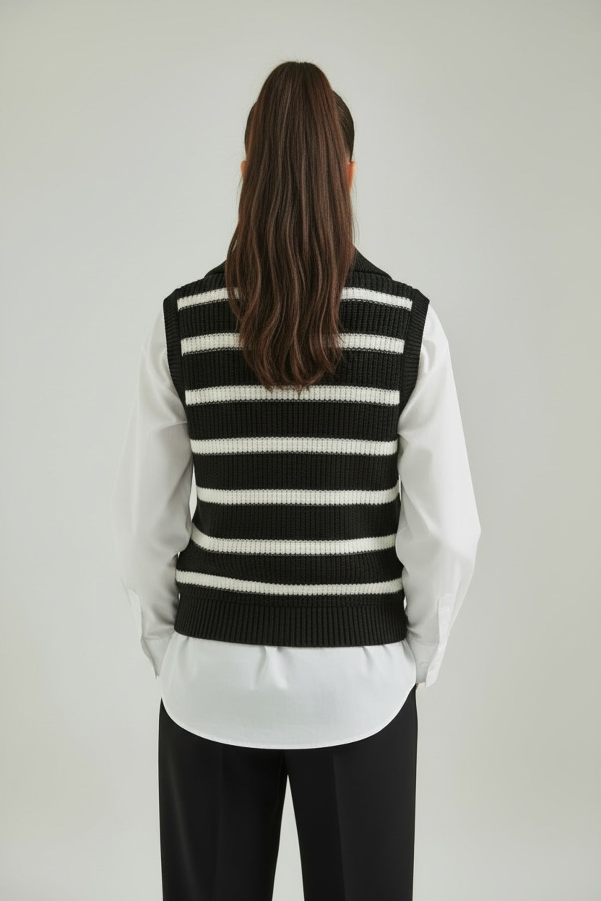 Beatrice Women's Striped Zip-Neck Sweater Vest - Black and White