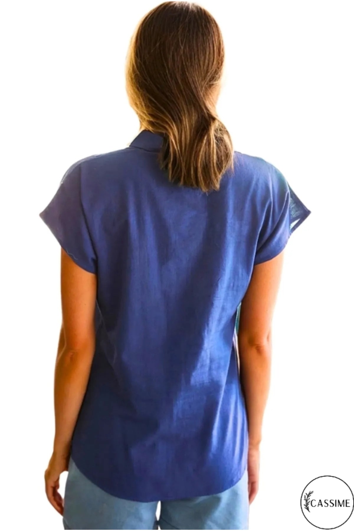 Elizabeth Women's Linen-Viscose Blend Short Sleeve Batwing Shirt - Solid Navy