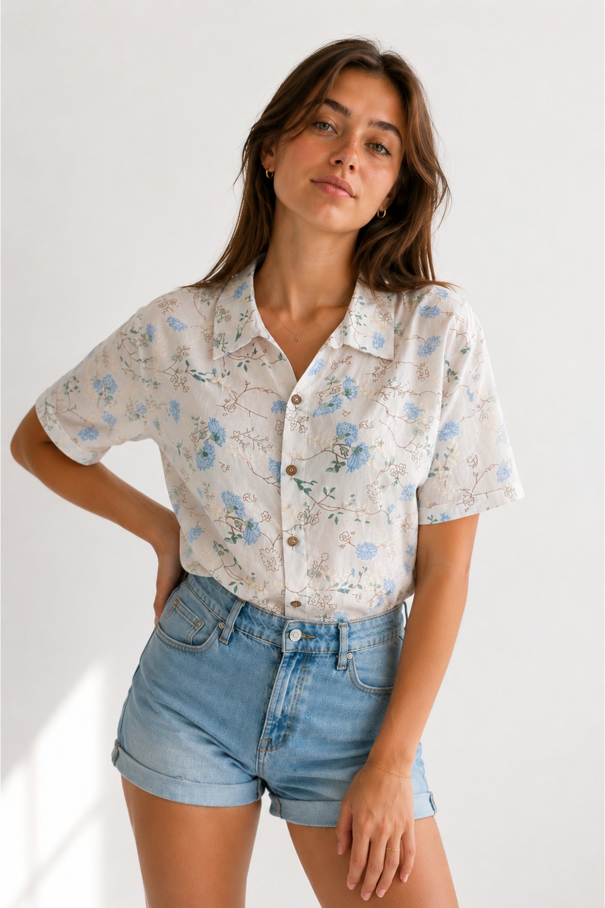 Women's blue lotus floral embroidered short sleeve shirt - view 1