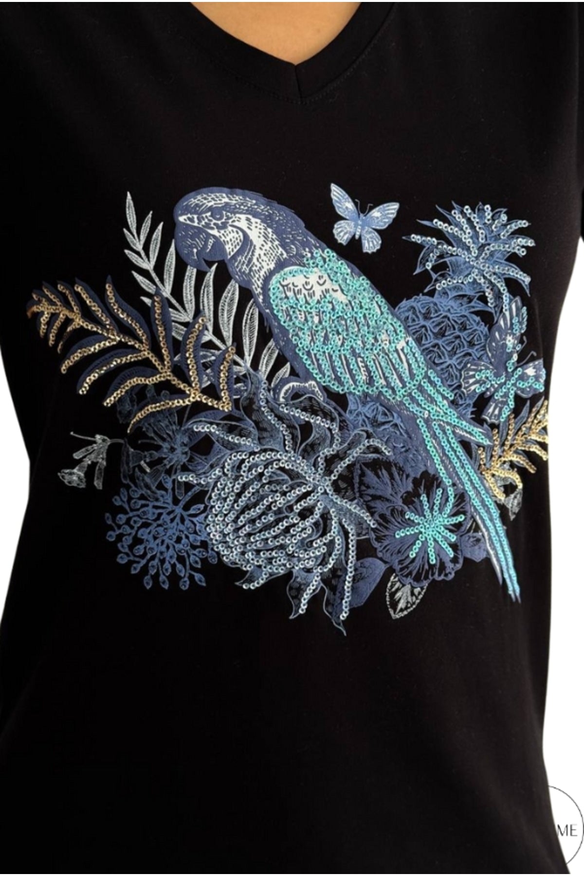 Sophie Women's Cotton Embellished V-Neck T-Shirt - Black with Blue Butterfly and Parrot
