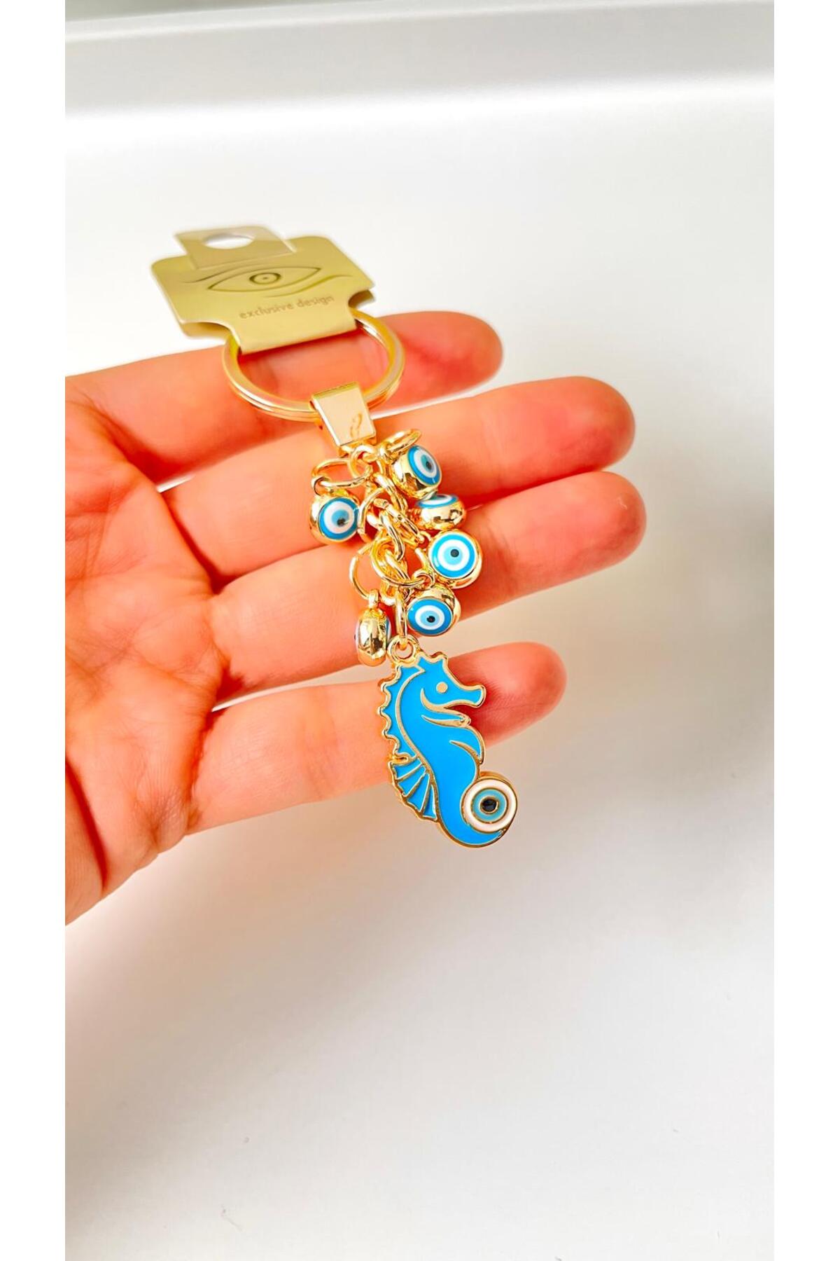Madeleine Dangling Evil Eye Keychain - Blue Seahorse