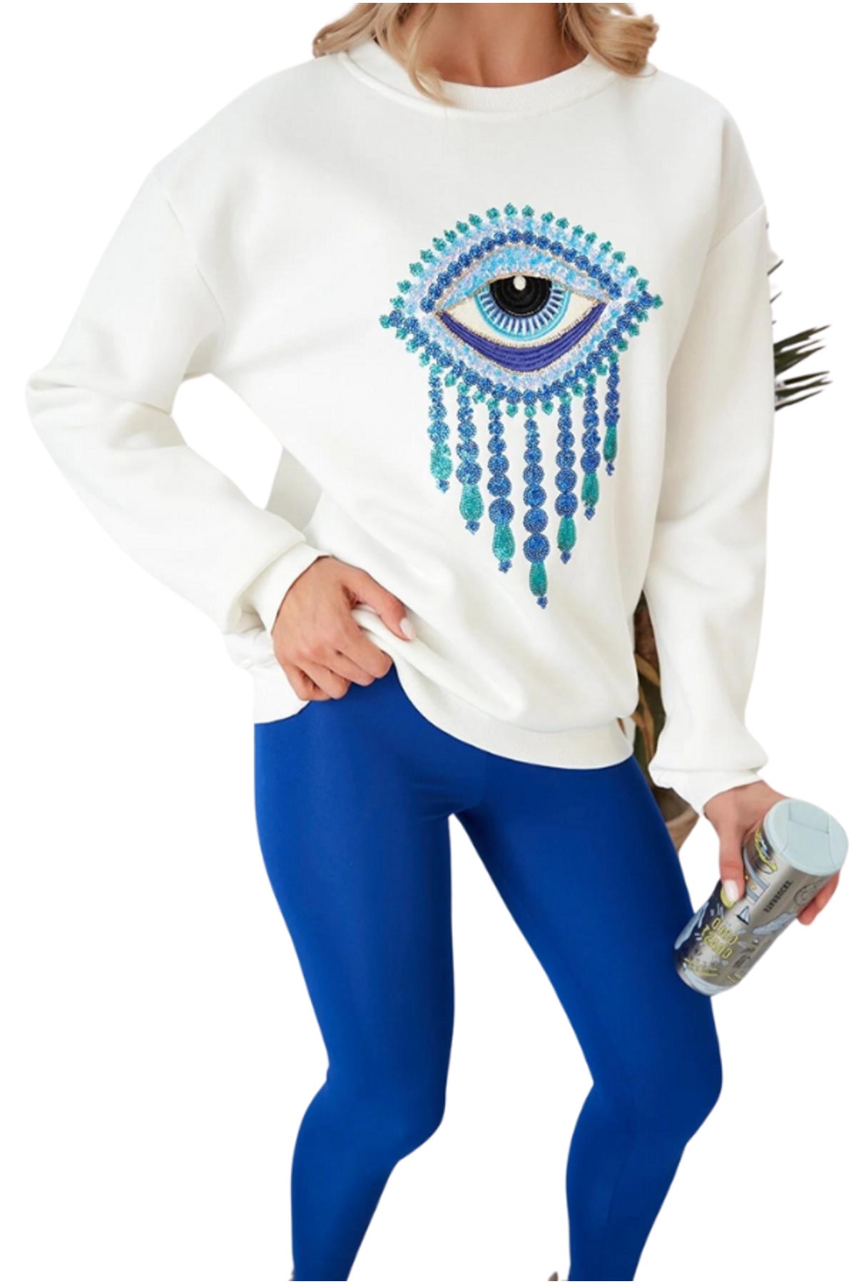 Ava Women's Cotton Embellished Evil Eye Sweatshirt - White