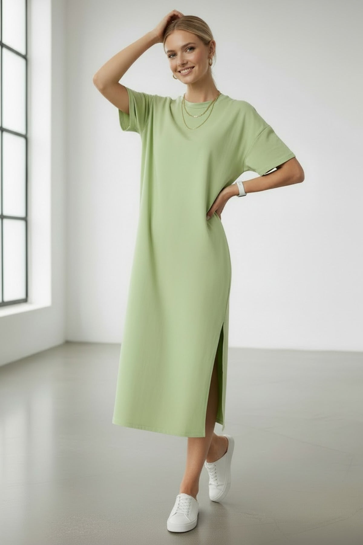 Lucille Women's Half Sleeve Knit Maxi Dress with Slit - Pistachio Almond Green