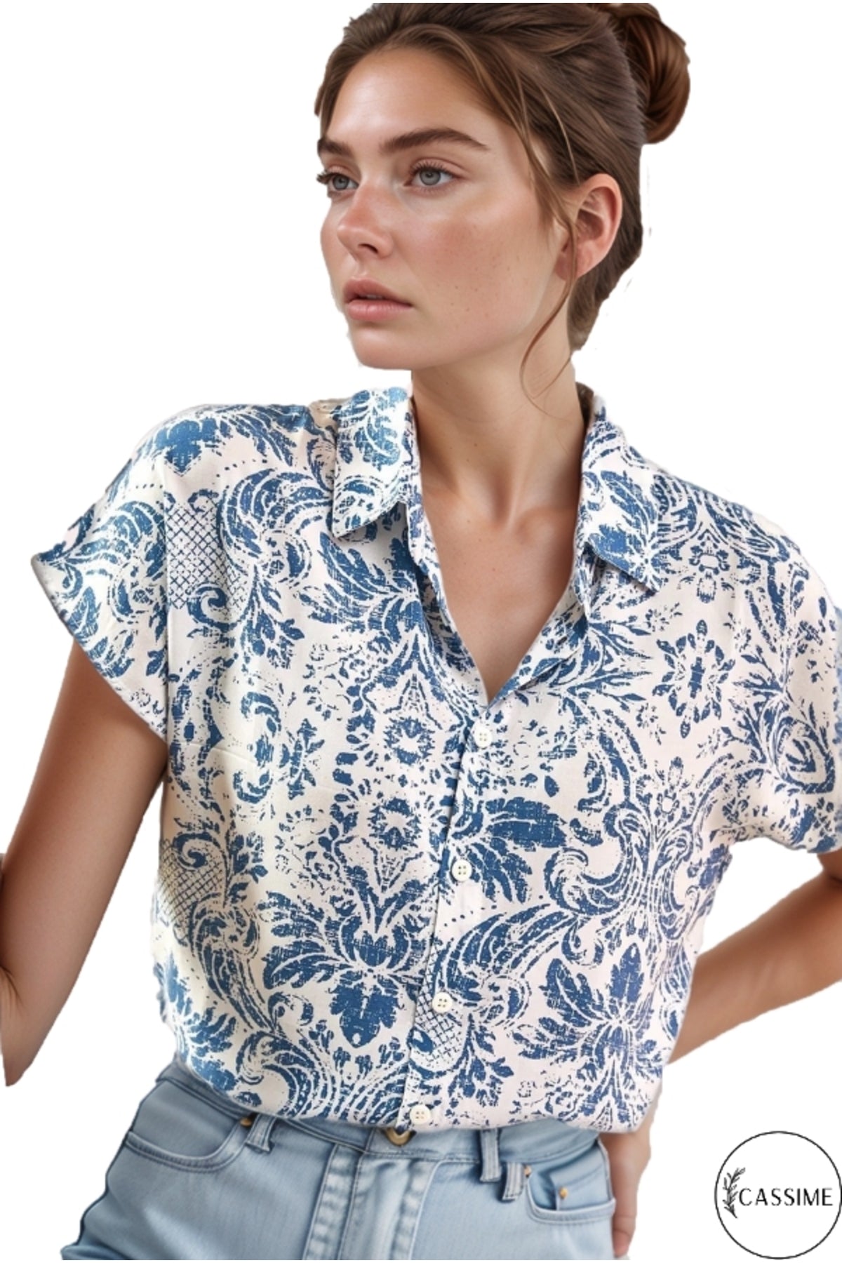 Charlotte Women's Viscose Short Sleeve Batwing Shirt - Blue Boho Floral