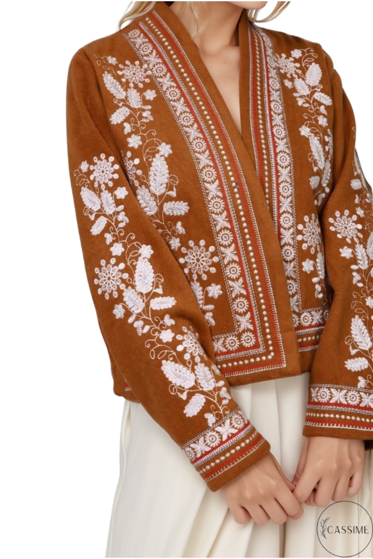Caitlin Women's Floral Embroidered Boho Jacket - Camel