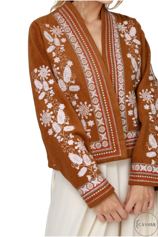 Caitlin Women's Floral Embroidered Boho Jacket - Camel