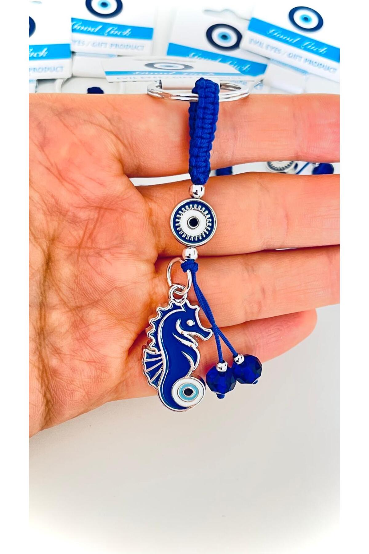 Abigail Silver-Plated Evil Eye Keychain - Navy Seahorse