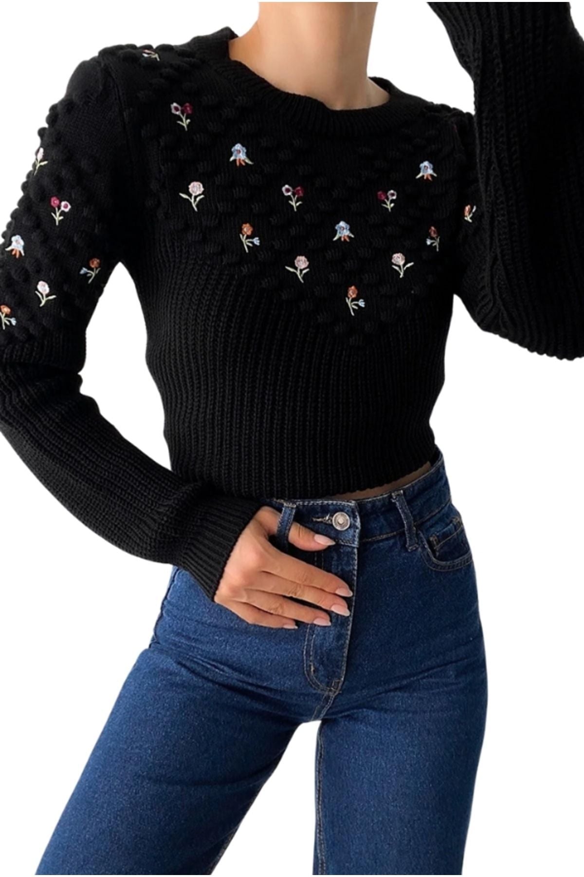 Allison Women's Floral Embroidered Knit Sweater - Black