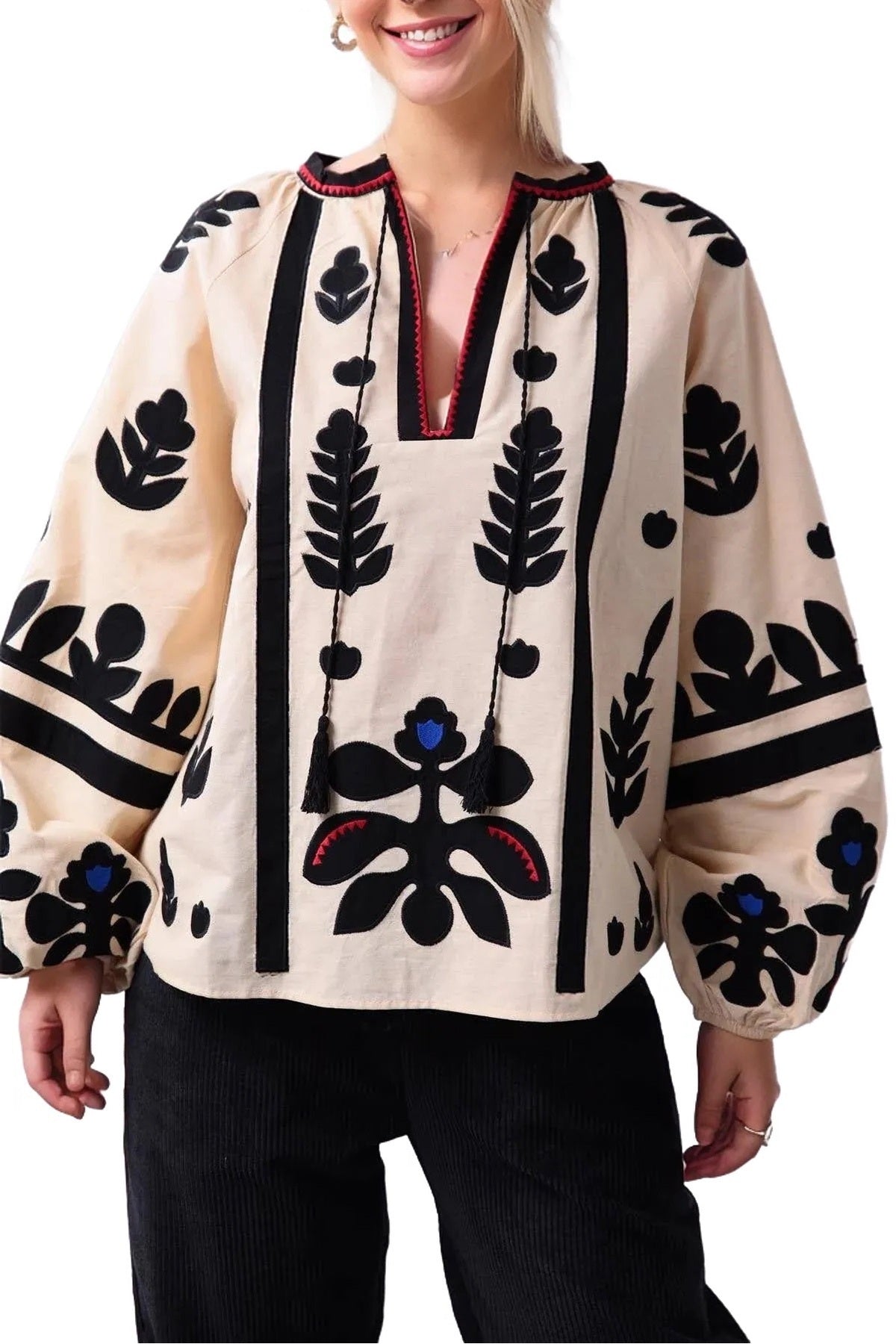 Paige Women's Cotton Embroidered Long Sleeve Woven Blouse - White with Beige Embroidery