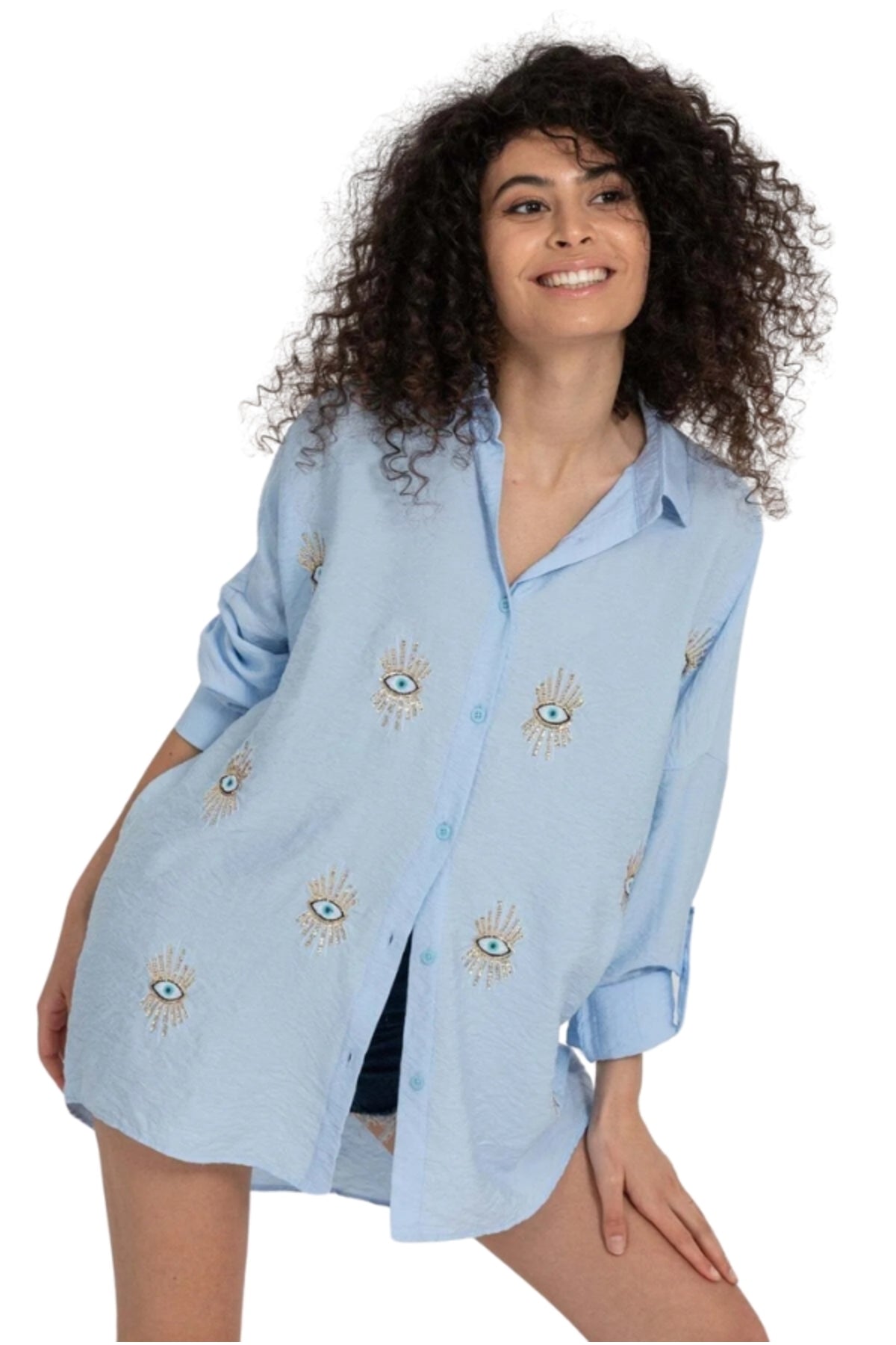 Delilah Women's Oversized Embellished Long Sleeve Shirt - Light Blue
