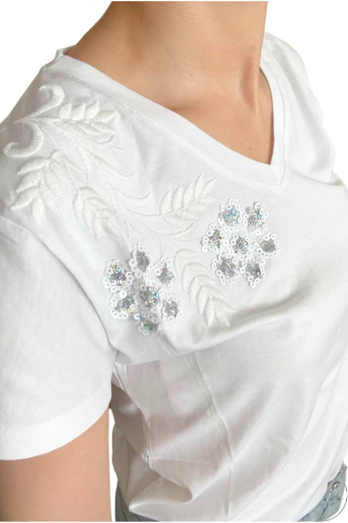 Emma Women's Cotton Embellished T-Shirt - White with Floral Shoulder Sequins